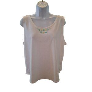 Unbranded Womens Tank Top L White Sleeveless Blue Floral Applique Cottagecore